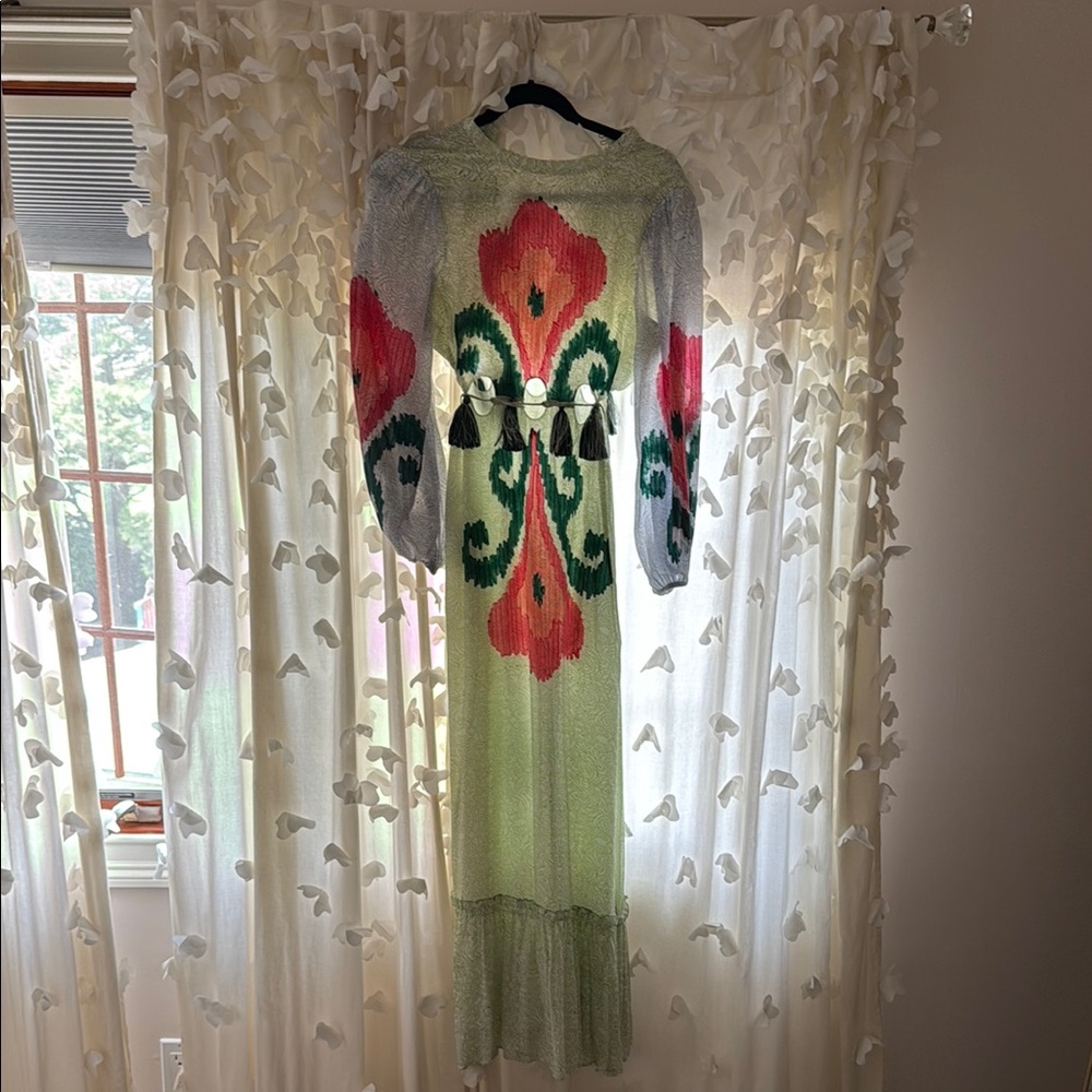 BOHO Chic Green and Pink Maxi Dress with Flowing Silhouette